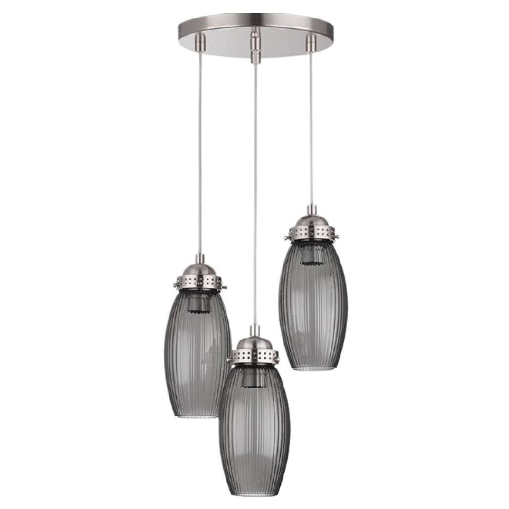 "Moderne Hanglamp met Drie Grijze Glazen Lichthouders"