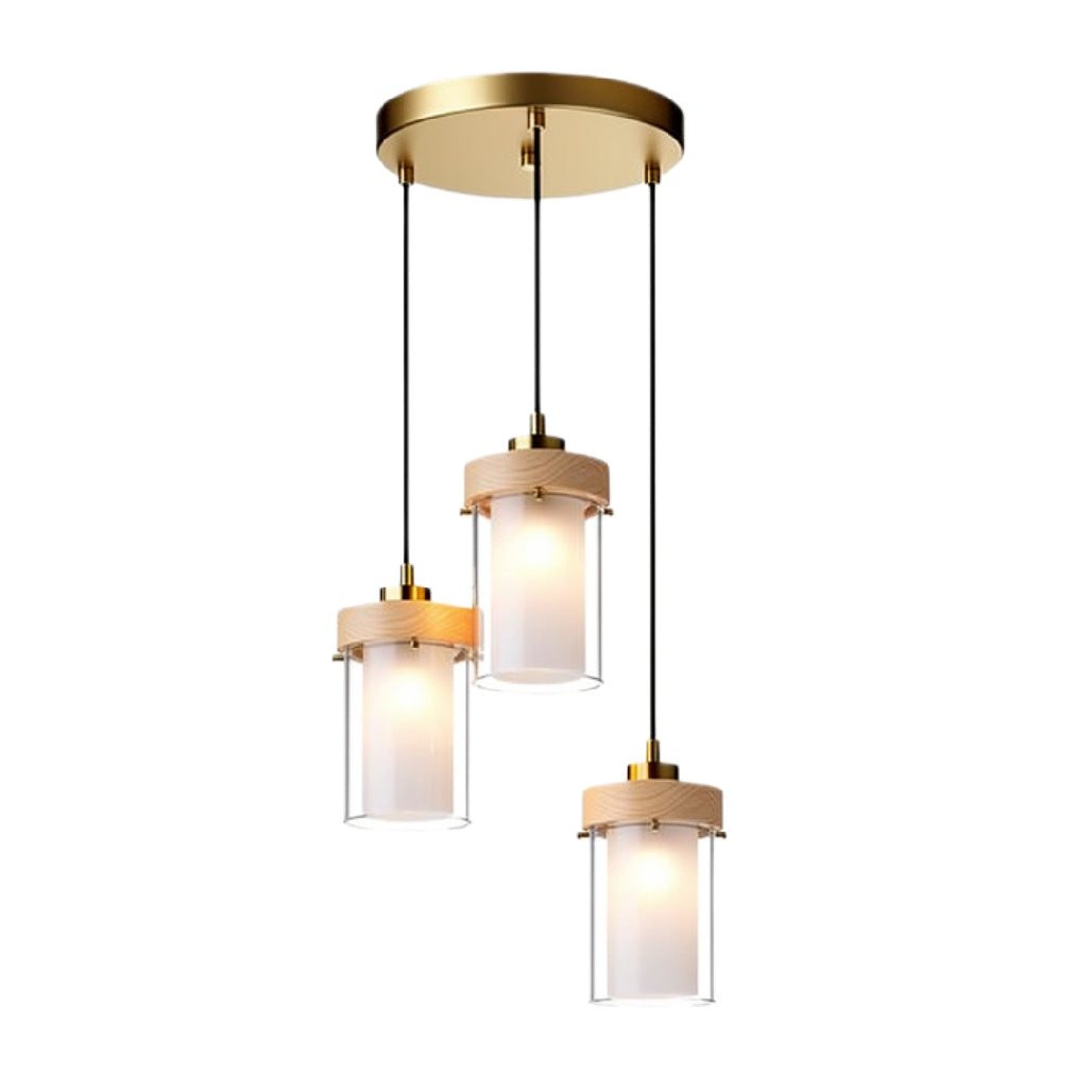"Moderne Hanglamp met Drie Glazen Kappen en Houten Accenten"