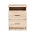 Moderne nachttafel met 2 lades en open vak in licht hout.