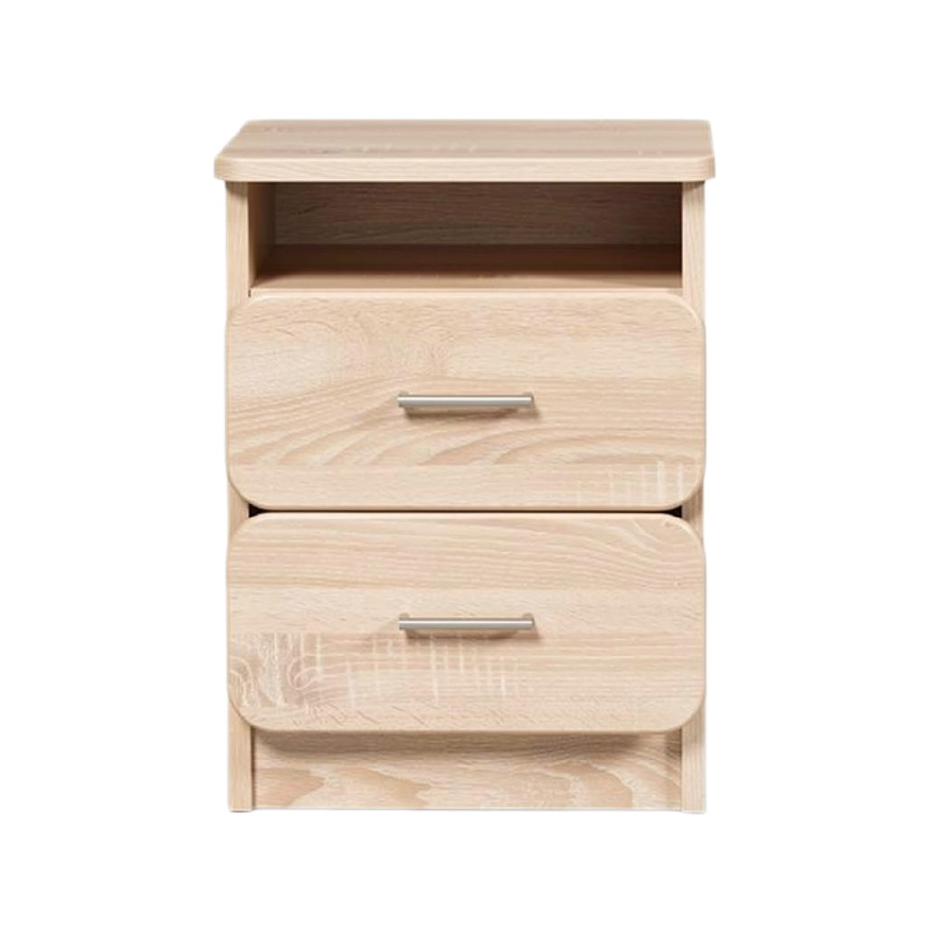 Moderne nachttafel met 2 lades en open vak in licht hout.